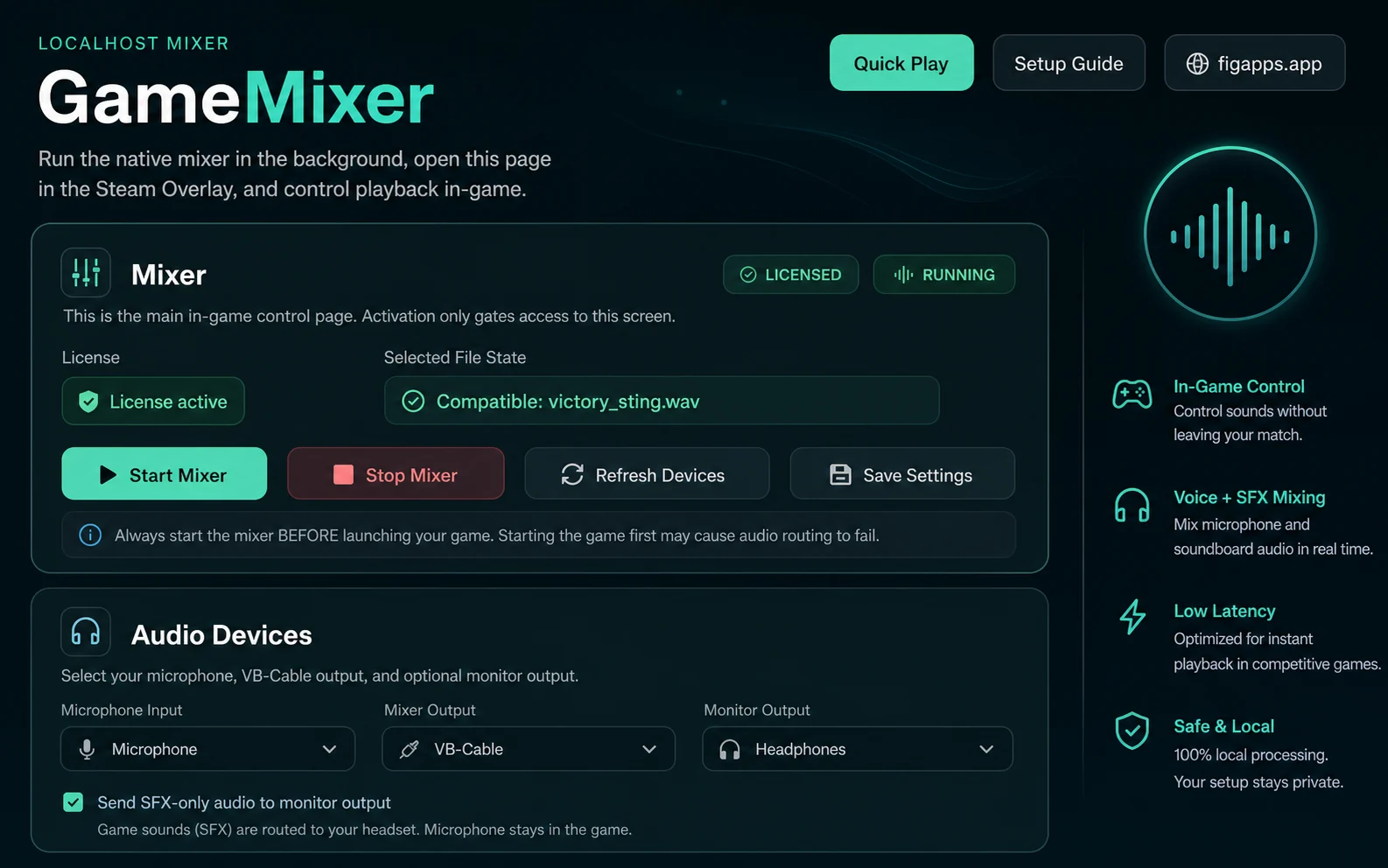GameMixer mixer and audio controls